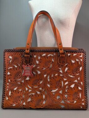 NWT OHLAY TOTE Hand Tooled Floral Leather Overlay Shoulder bag Western KBG322B